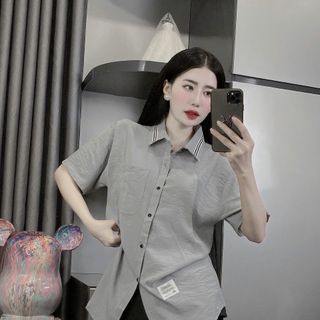 Áo sơ mi cặp ngắn tay thiết kế cổ phối chữ