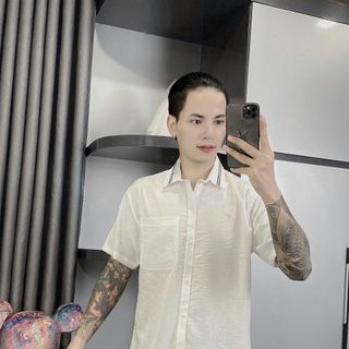 Áo sơ mi cặp ngắn tay thiết kế cổ phối chữ