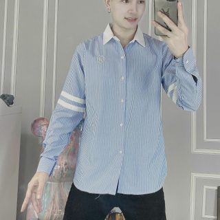 Áo sơ mi nam nữ couple dài tay vải cotton lạnh phối tay và cổ trắng