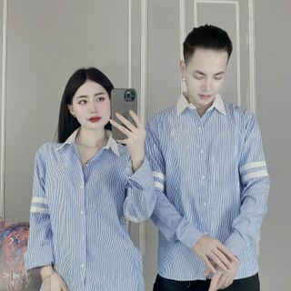 Áo sơ mi nam nữ couple dài tay vải cotton lạnh phối tay và cổ trắng