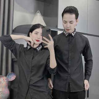 Áo sơ mi nam nữ ơn cổ phối dài tay vải cotton lạnh