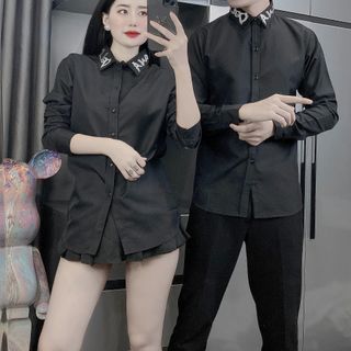 Áo sơ mi nam nữ ơn cổ phối dài tay vải cotton lạnh