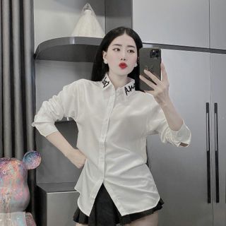Áo sơ mi nam nữ ơn cổ phối dài tay vải cotton lạnh