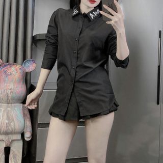Áo sơ mi nam nữ ơn cổ phối dài tay vải cotton lạnh