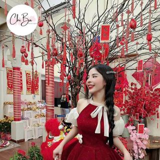 Đầm Nhung ánh kim đỏ cổ yếm rớt vai siêu xinh …