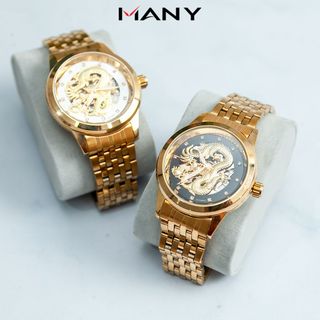 Đồng hồ cơ nam 1269 mặt rồng vàng cao cấp - Đồng hồ dây kim loại kiểu khóa bấm không gỉ ManYi