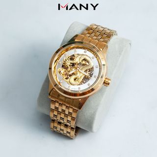 Đồng hồ cơ nam 1269 mặt rồng vàng cao cấp - Đồng hồ dây kim loại kiểu khóa bấm không gỉ ManYi