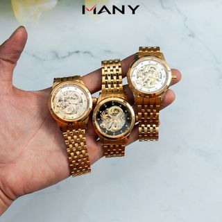 Đồng hồ cơ nam 1269 mặt rồng vàng cao cấp - Đồng hồ dây kim loại kiểu khóa bấm không gỉ ManYi