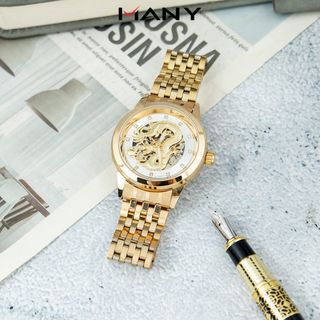 Đồng hồ cơ nam 1269 mặt rồng vàng cao cấp - Đồng hồ dây kim loại kiểu khóa bấm không gỉ ManYi
