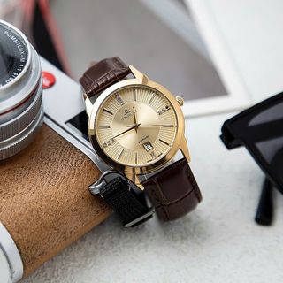 Đồng hồ dây da nam Oshrzo 6022G mặt tròn chính hãng đeo tay thời trang