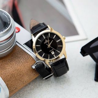 Đồng hồ dây da nam Oshrzo 6022G mặt tròn chính hãng đeo tay thời trang