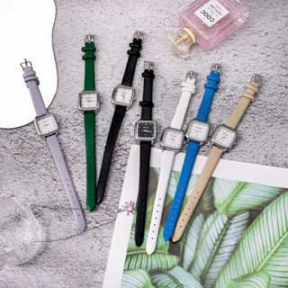 Đồng hồ dây da nữ Timele mặt vuông đeo tay thời trang