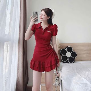 Đầm thun body, cổ polo màu đỏ thêu nơ xinh xắn