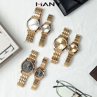 Đồng hồ cặp nam nữ OSHZRO dây kim loại vàng - Đồng hồ đôi kiểu dáng thời trang, mặt kính tròn MANY