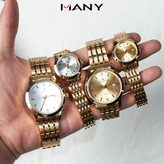 Đồng hồ cặp nam nữ OSHZRO dây kim loại vàng - Đồng hồ đôi kiểu dáng thời trang, mặt kính tròn MANY