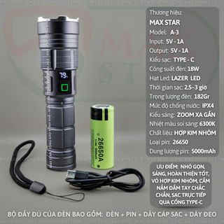 ĐÈN PIN CẦM TAY SIÊU SÁNG ZOOM XA GẦN MAX STAR A3 HIỂN THỊ PIN TÍCH HỢP SẠC NHANH CHỐNG NƯỚC IPX7 SIÊU SÁNG XA 500M GD213 - LADY'S PASSION