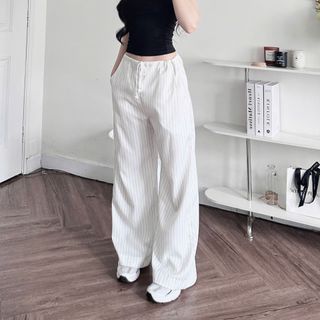 Quần dài suông kẻ sọc ống rộng lưng rút hot trend tiktok