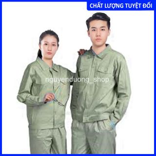 QUẦN ÁO BẢO HỘ LAO ĐỘNG VẢI KAKI LOẠI 1, ĐỒNG PHỤC BẢO HỘ LAO ĐỘNG , QUẦN ÁO CÔNG NHÂN NAM NỮ MÀU GHI ÁNH XANH