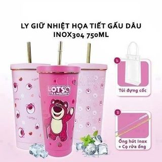 LY GIỮ NHIỆT 750ML GẤU DÂU LOTSO KÈM ỐNG HÚT