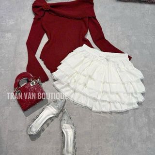 Sét áo bẹt vai chân váy tầng, sét áo trễ vai chân váy tầng