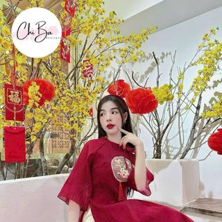 set áo dài đỏ cách tân tay lửng nơ vay kèm quần dài ống suông mặc tết cực xinh