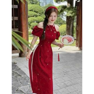 sét áo dài đỏ cổ yếm tròn tay ngắn bẹt vai …