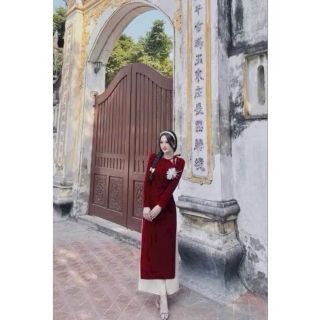 áo dài đỏ cách tân cổ yếm đính cườm xinh xắn ..