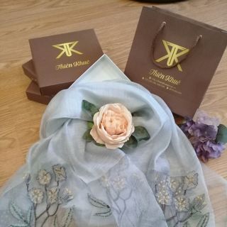 Khăn Tơ Sống thêu - Xanh da trời
