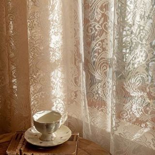 Rèm voan trắng dán tường hoặc luồn ống họa tiết, Hoa đính hạt, Rèm công chúa màu trà sữa tại Myahome