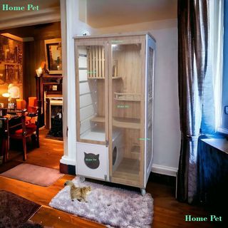 Chuồng Mèo Gỗ, Nhà Cho Thú Cưng Gỗ MDF Chống Nước Với Hai Màu Gỗ Phối Hợp