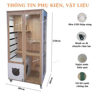Chuồng Mèo Gỗ, Nhà Cho Thú Cưng Gỗ MDF Chống Nước Với Hai Màu Gỗ Phối Hợp