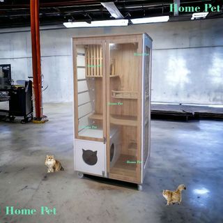 Chuồng Mèo Gỗ, Nhà Cho Thú Cưng Gỗ MDF Chống Nước Với Hai Màu Gỗ Phối Hợp