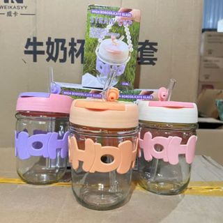 LY THỦY TINH 350ML BỌC CHỮ HOHO KÈM ỐNG HÚT