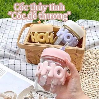 LY THỦY TINH 350ML BỌC CHỮ HOHO KÈM ỐNG HÚT