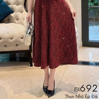 Đầm midi trung niên  dự tiệc - công sở, vải thun nhũ cao cấp đính đá, tặng mẹ co giãn tốt bigsize M692