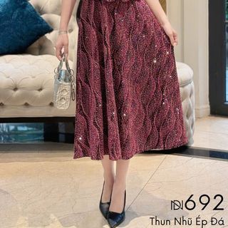 Đầm midi trung niên  dự tiệc - công sở, vải thun nhũ cao cấp đính đá, tặng mẹ co giãn tốt bigsize M692