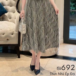 Đầm midi trung niên  dự tiệc - công sở, vải thun nhũ cao cấp đính đá, tặng mẹ co giãn tốt bigsize M692