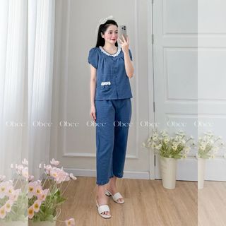 Đồ bộ mặc nhà quần dài 80cm, vải thô kẻ caro nhí cổ tròn phối ren hàng thiết kế giá sỉ