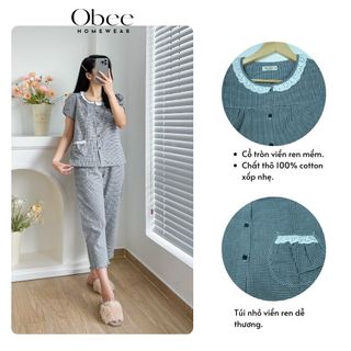 Đồ bộ mặc nhà quần dài 80cm, vải thô kẻ caro nhí cổ tròn phối ren hàng thiết kế giá sỉ