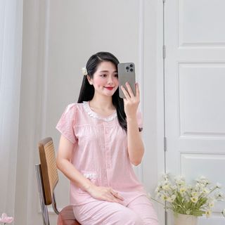 Đồ bộ mặc nhà quần dài 80cm, vải thô kẻ caro nhí cổ tròn phối ren hàng thiết kế giá sỉ