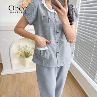 Đồ bộ mặc nhà quần dài 80cm, vải thô kẻ caro nhí cổ tròn phối ren hàng thiết kế giá sỉ