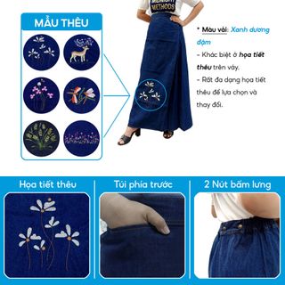 Váy Chống Nắng 1 Tà ( Váy choàng) Vải Jean Dày Dặn Có Thêu Họa Tiết Và Cố Định Bằng Nút Bấm Lưng
