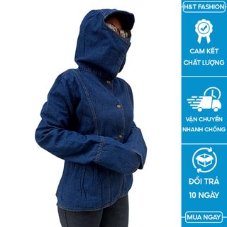 Áo khoác chống nắng Jean loại cao cấp có mũ che, túi trong và tay áo dài qua ngón