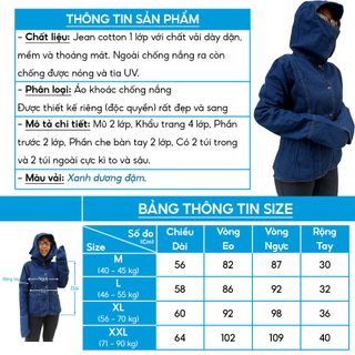 Áo khoác chống nắng Jean loại cao cấp có mũ che, túi trong và tay áo dài qua ngón