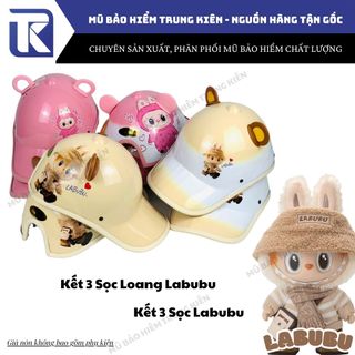 Nón bảo hiểm lưỡi trai 3 Sọc tem Labubu có khoét lỗ sau cột tóc cao cấp , mũ bảo hiểm Labubu form lưỡi trai ôm đầu cho nữ