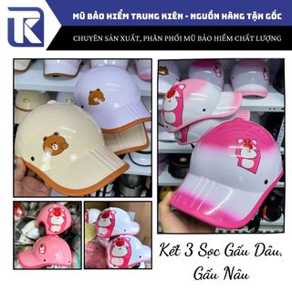 Nón bảo hiểm lưỡi trai 3 Sọc Gấu Dâu - Gấu Nâu - Doremon đáng yêu có khoét lỗ cột tóc dành cho nữ , Mũ bảo hiểm kết thời trang cá tính