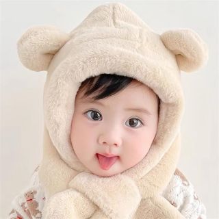 Mũ Bé, Khăn Mũ Gấu Màu Trơn Một Mảnh, Mũ Tai Dày Sang Trọng Ấm Áp