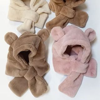 Mũ Bé, Khăn Mũ Gấu Màu Trơn Một Mảnh, Mũ Tai Dày Sang Trọng Ấm Áp