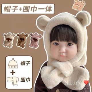 Mũ Bé, Khăn Mũ Gấu Màu Trơn Một Mảnh, Mũ Tai Dày Sang Trọng Ấm Áp