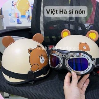 Mũ bảo hiểm nửa đầu hali gấu nâu kèm Kính Phi Công và Tai Gấu dễ thương, Nón bảo hiểm sơn in tem gấu nâu chống trầy